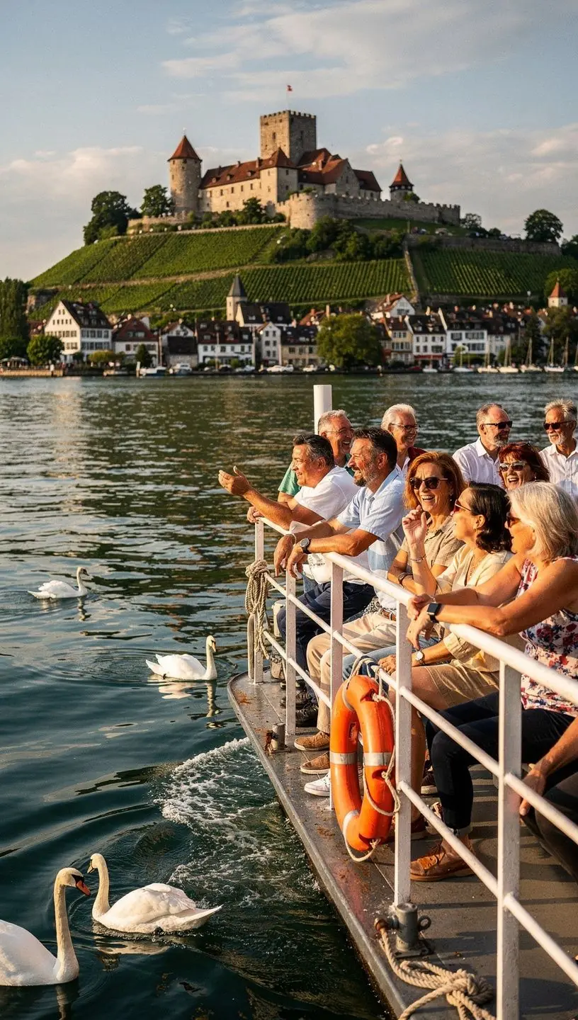 Terrassen der Burg Meersburg mit Blick auf den Bodensee bei Sonnenuntergang.