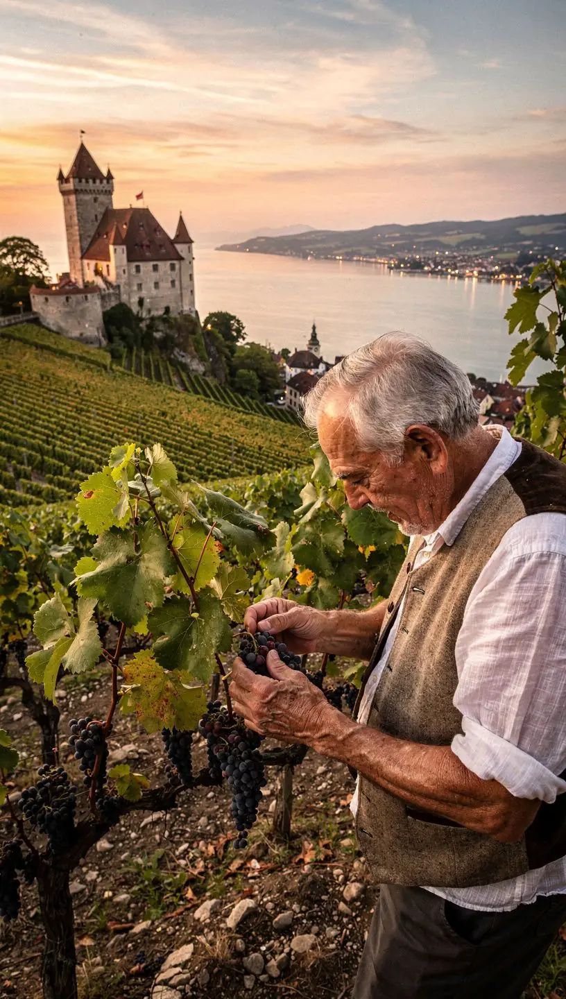 Weintrauben hängend an den Reben in den Weinbergen oberhalb von Meersburg.